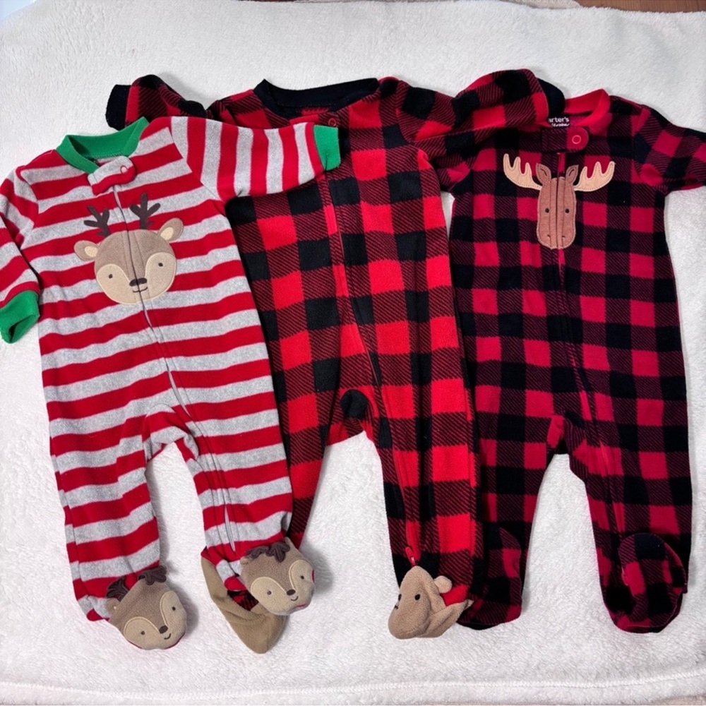 Carter's Christmas Plaid and Reindeer Red Kids One Piece Set size‎ 3-6 Months